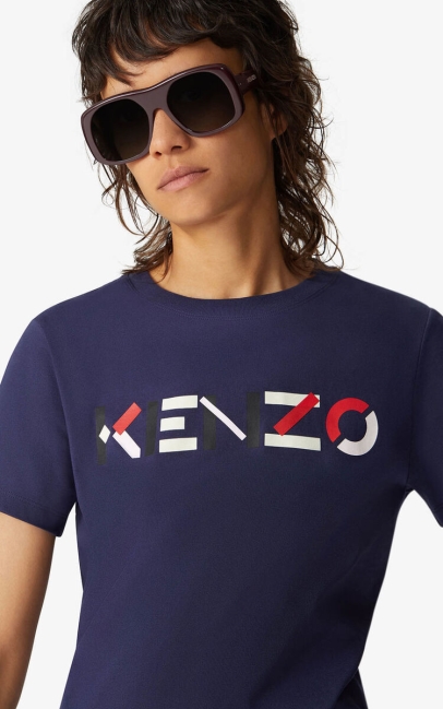 Kenzo Women Kenzo T-shirt With Multicoloured Logo Navy Blue